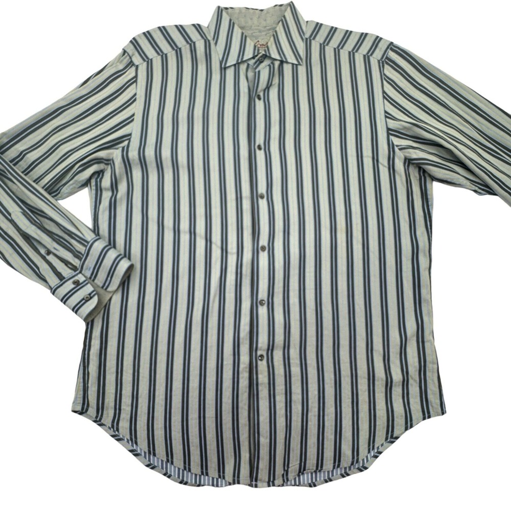 Robert Graham Shirt Mens Large Gray Striped Flip Cuff Long Sleeve Button